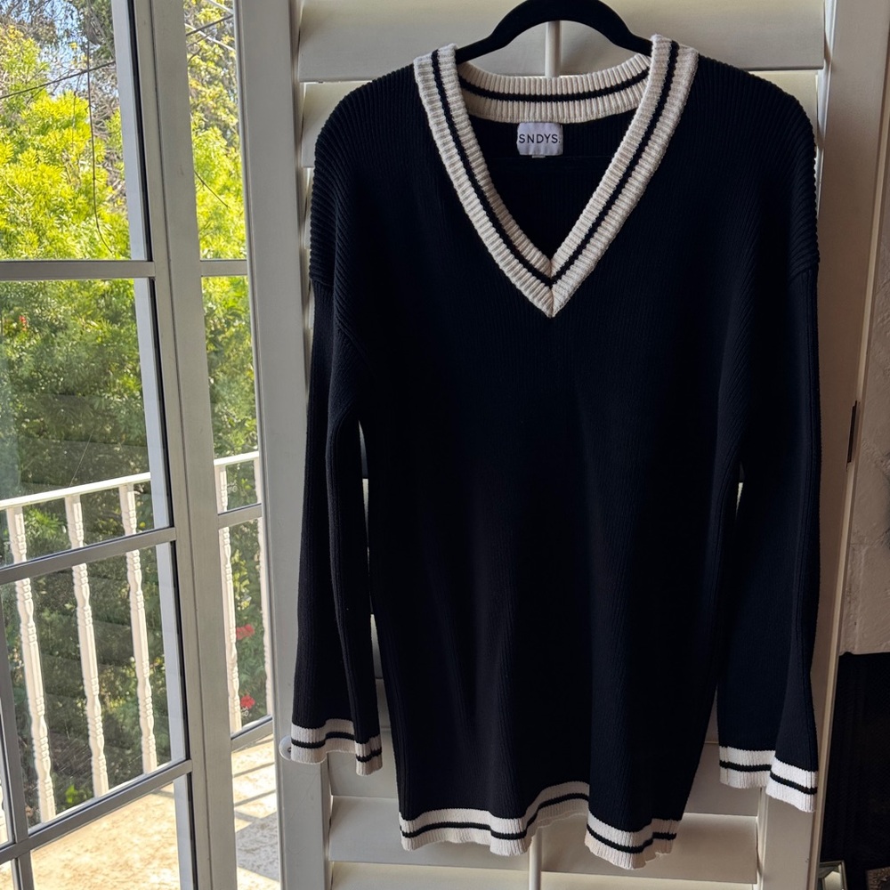 SNDYS Women's V-Neck Sweater in Black with White Trim